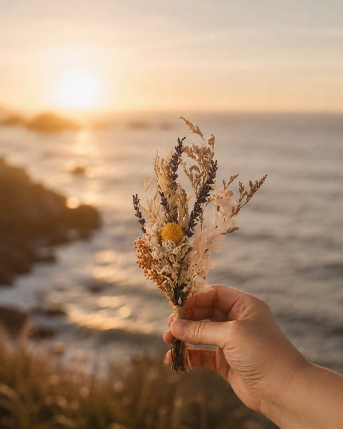 Dried flower bouquet held over the ocean
