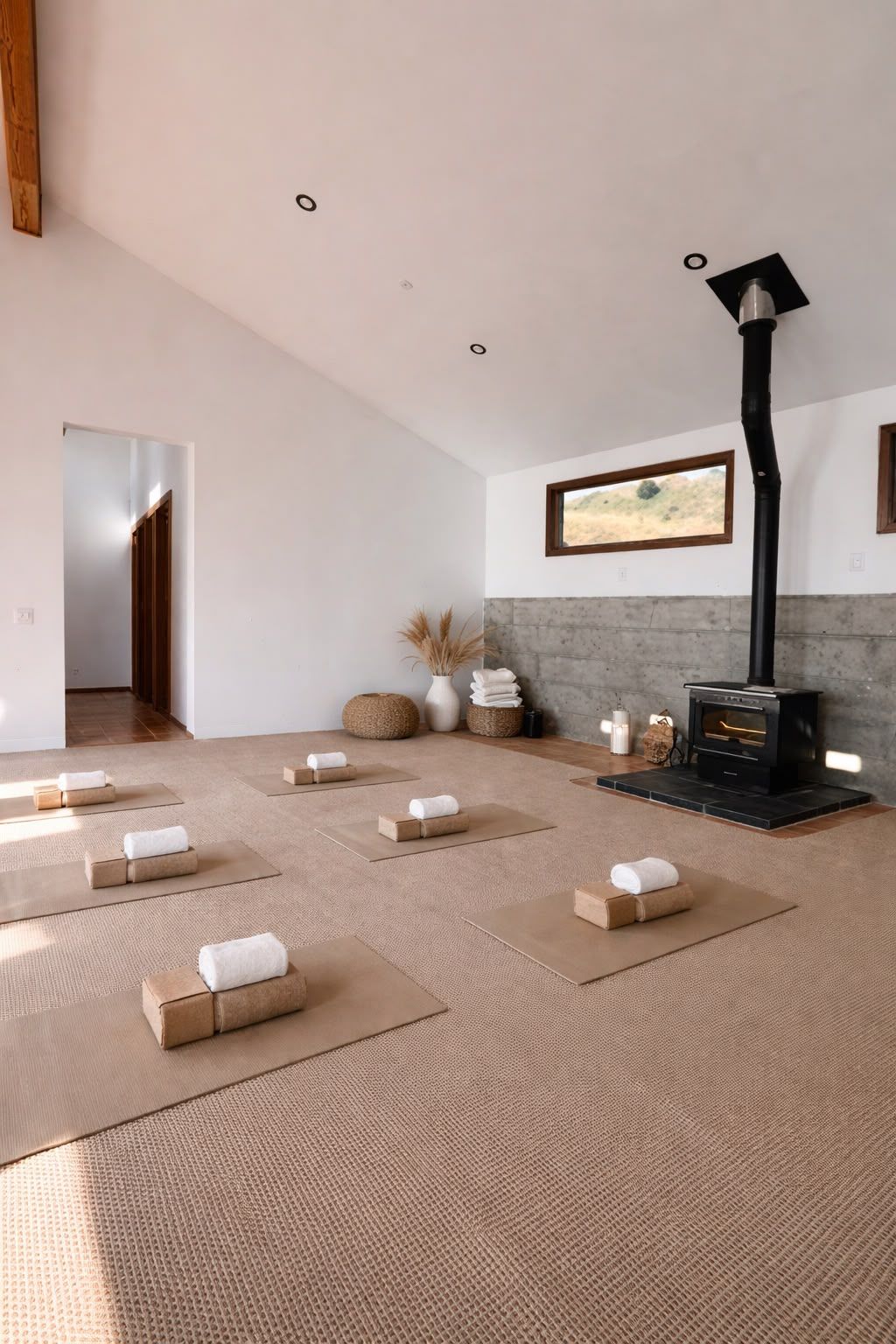 Yoga studio with mats and a wood stove